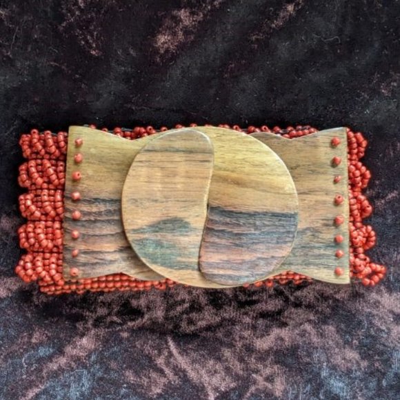 Vintage Erik & Mike Beaded Stretch Belt, Interlocking Wooden Clasp, Red - Picture 6 of 15